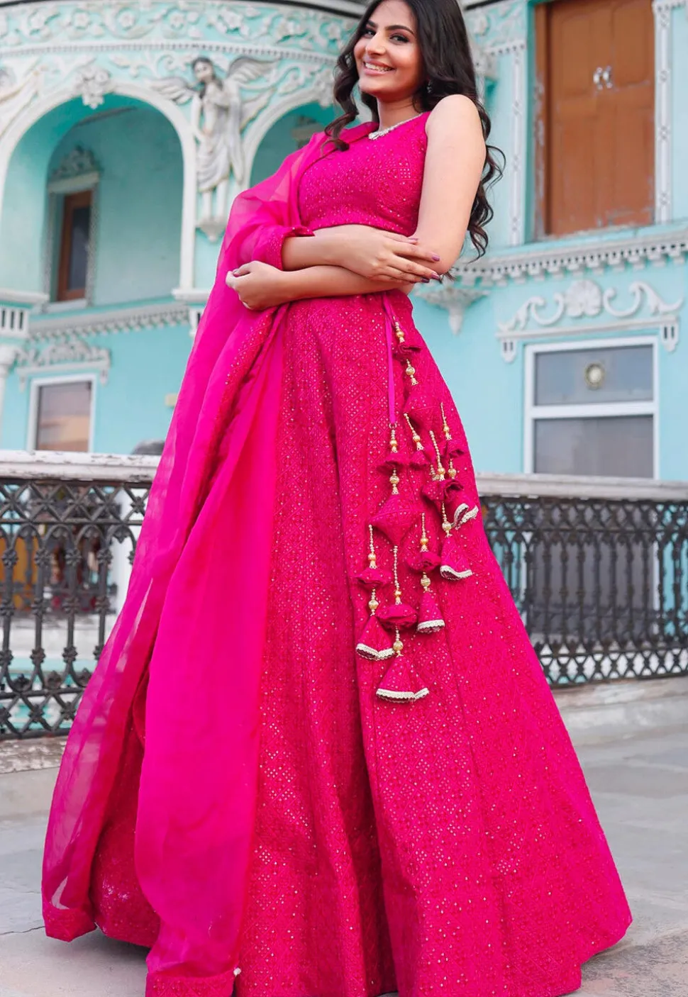 Embroidered Georgette Lehenga in Fuchsia