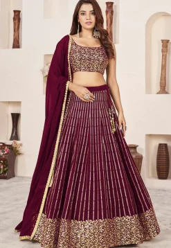 Embroidered Georgette Lehenga in Wine