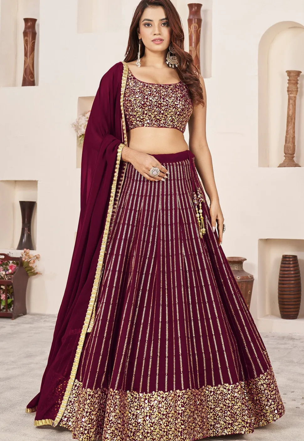 Embroidered Georgette Lehenga in Wine