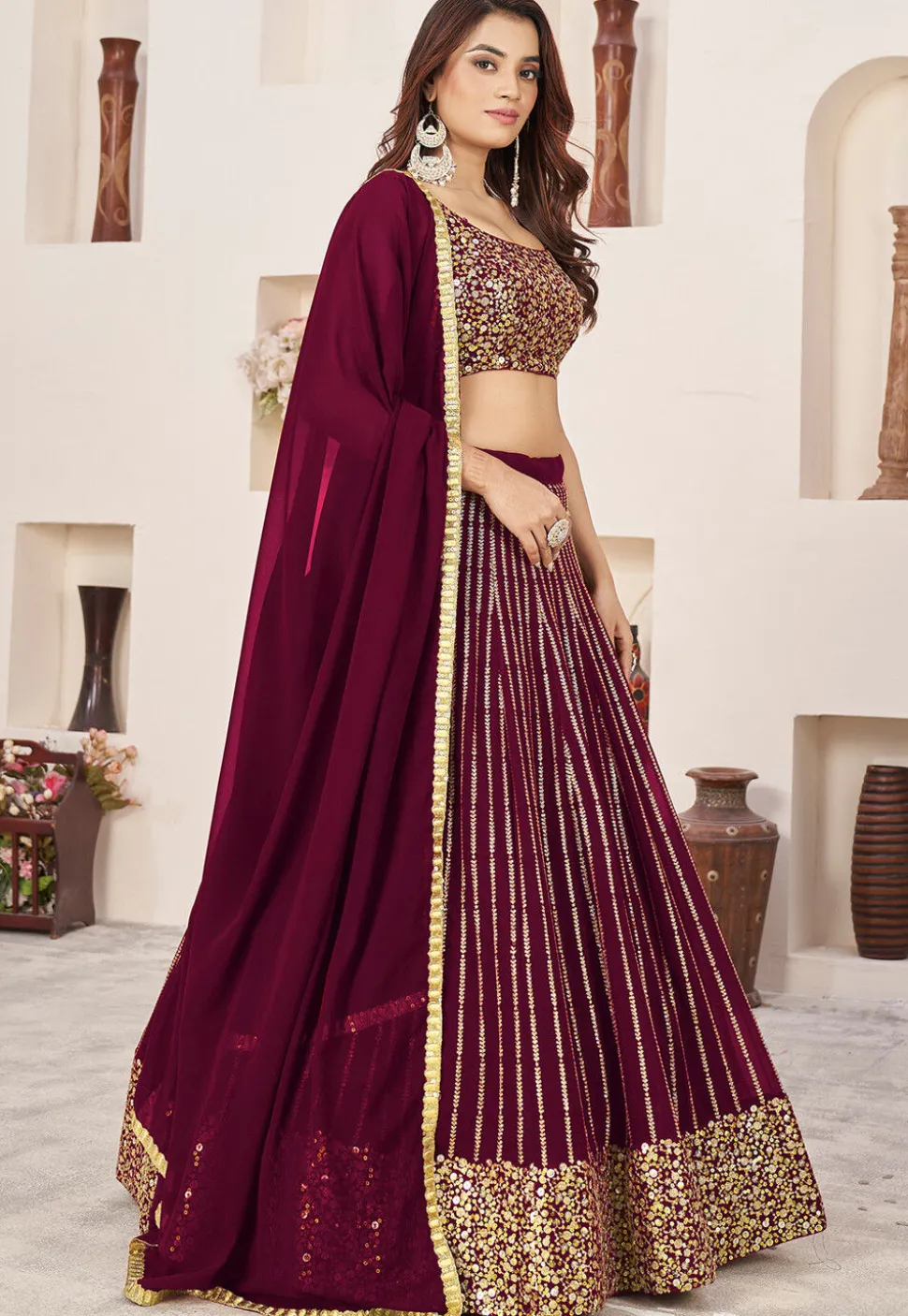 Embroidered Georgette Lehenga in Wine