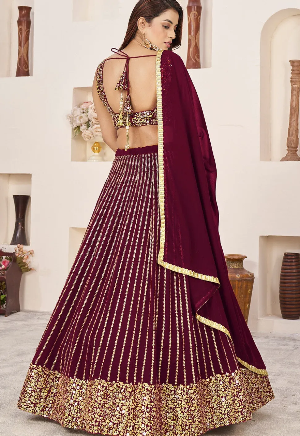 Embroidered Georgette Lehenga in Wine
