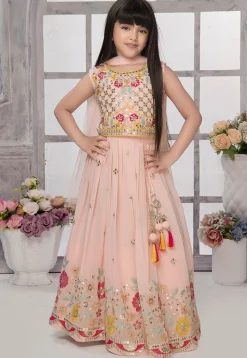 Embroidered Georgette Lehenga in Peach