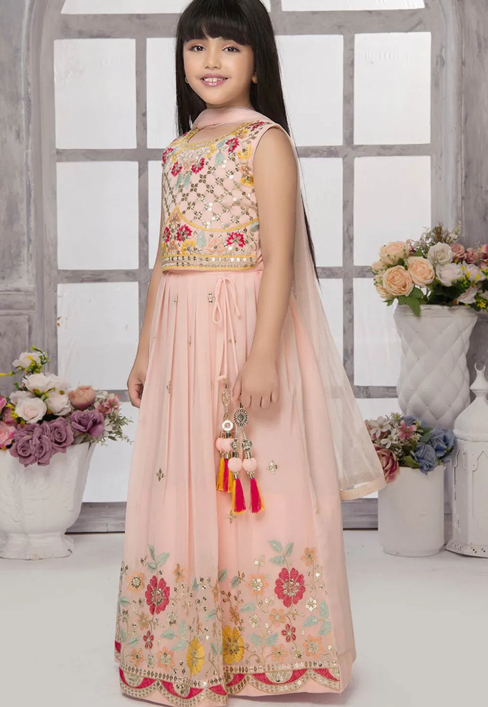 Embroidered Georgette Lehenga in Peach