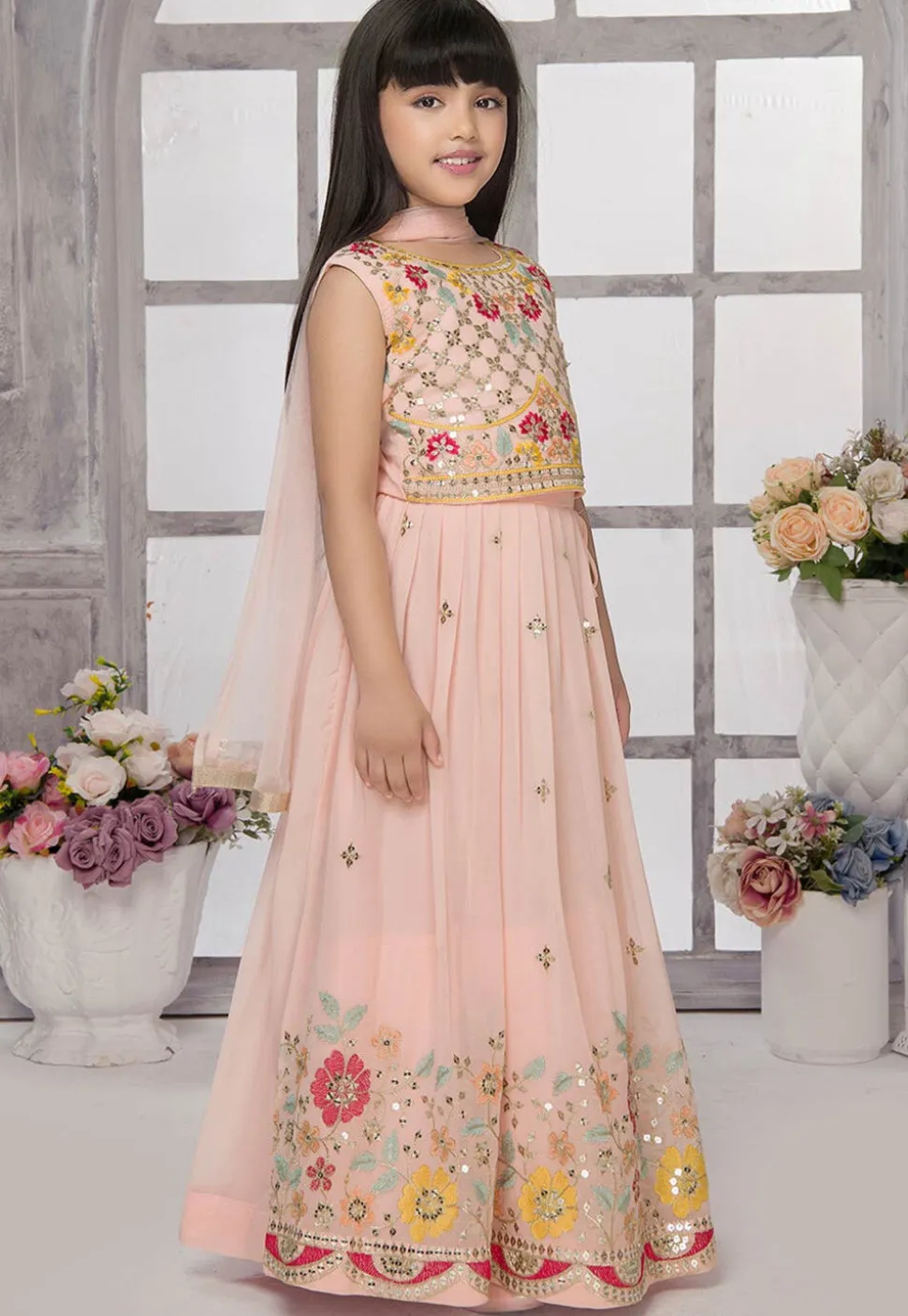 Embroidered Georgette Lehenga in Peach