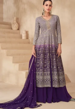 Embroidered Georgette Lehenga in Purple Ombre