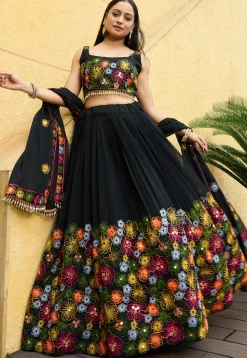 Embroidered Georgette Lehenga in Black