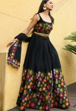 Embroidered Georgette Lehenga in Black