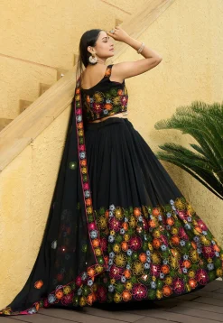 Embroidered Georgette Lehenga in Black