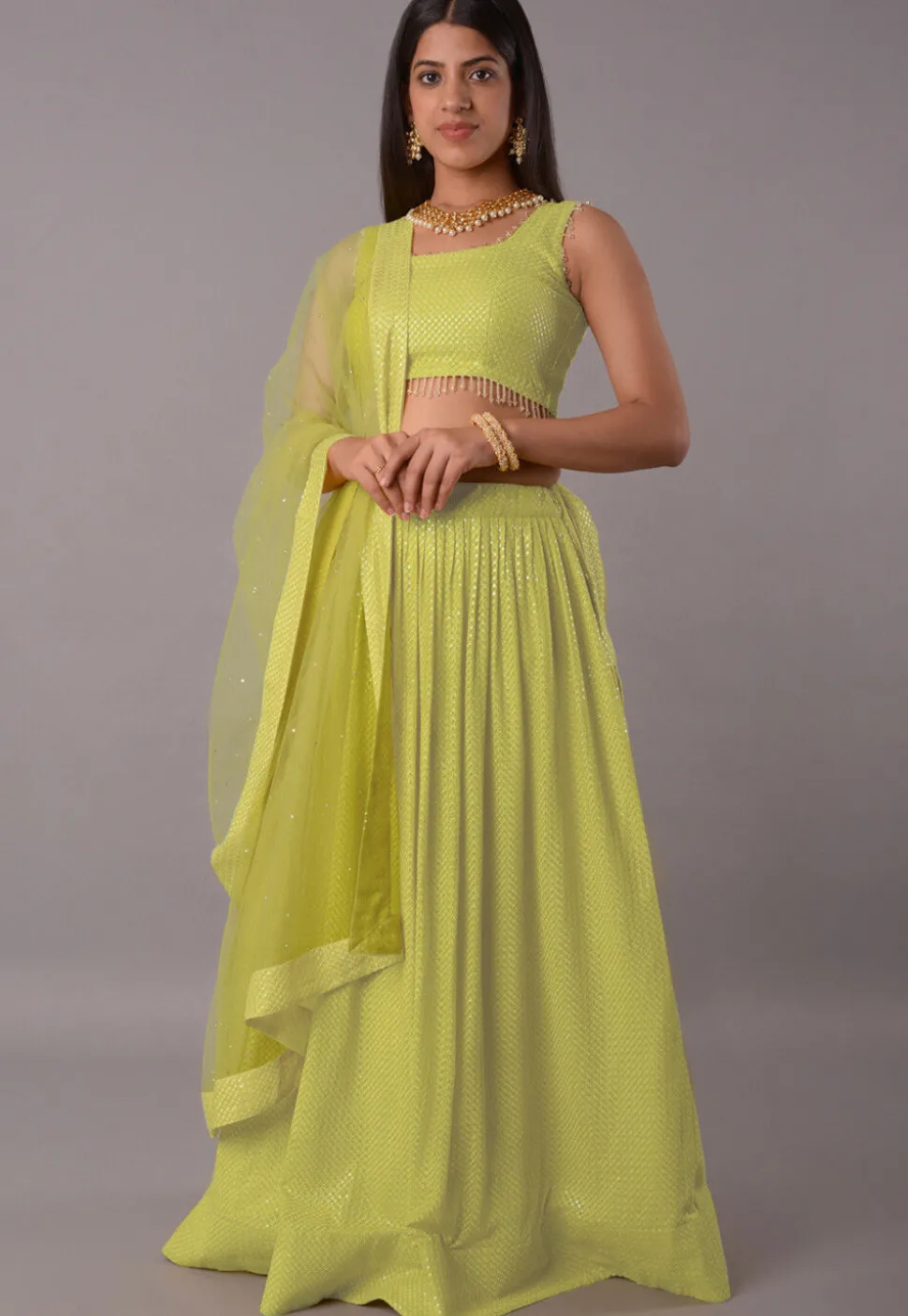 Embroidered Georgette Lehenga in Light Green
