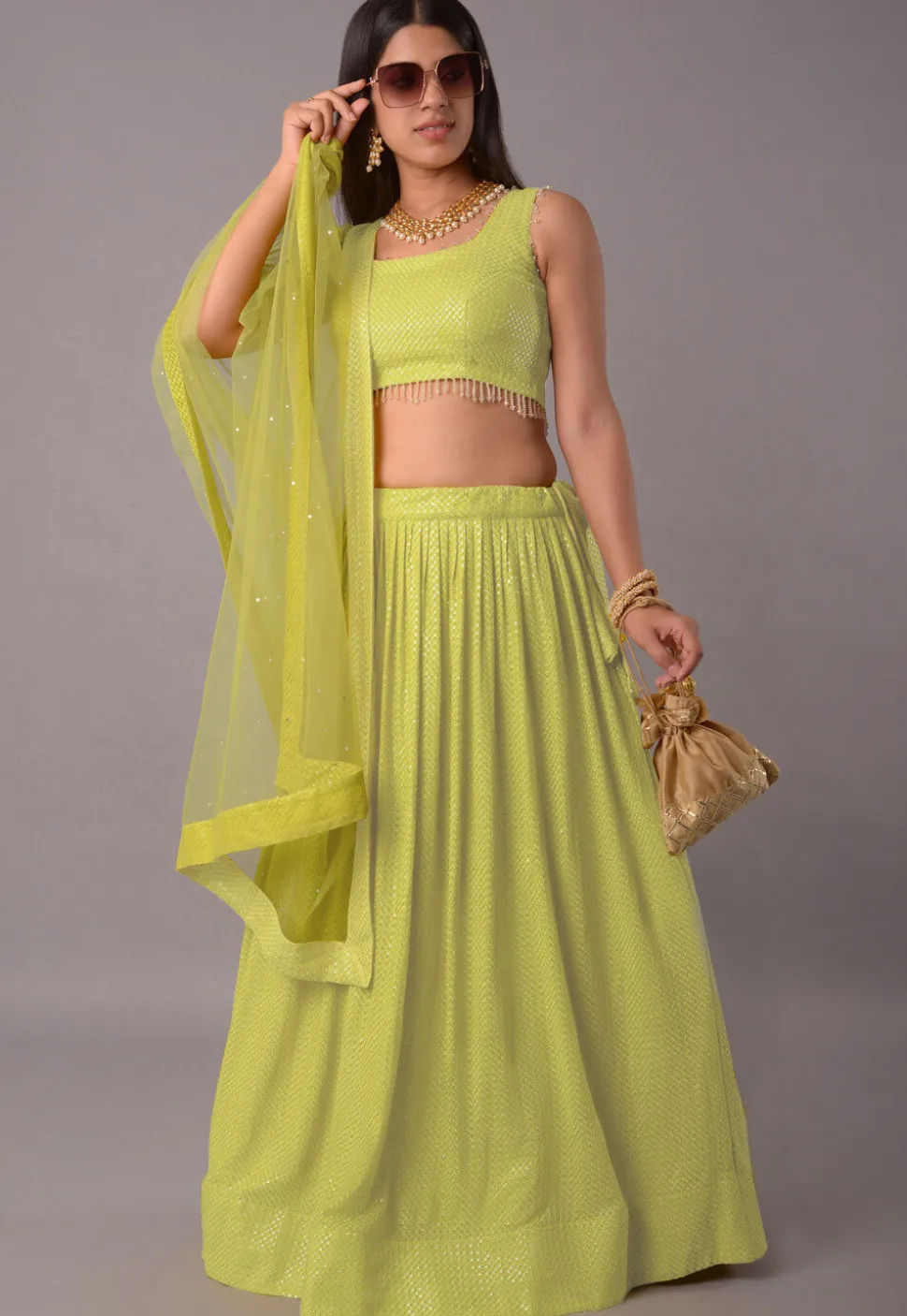 Embroidered Georgette Lehenga in Light Green