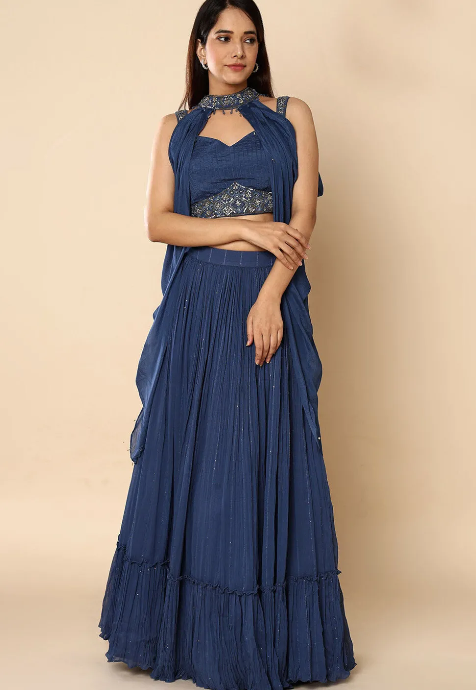 Embroidered Georgette Lehenga in Blue