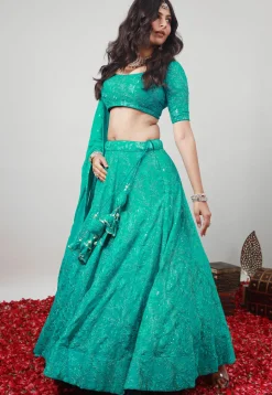 Embroidered Georgette Lehenga in Turquoise