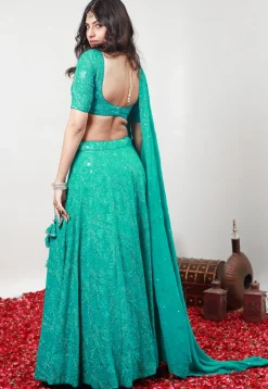 Embroidered Georgette Lehenga in Turquoise
