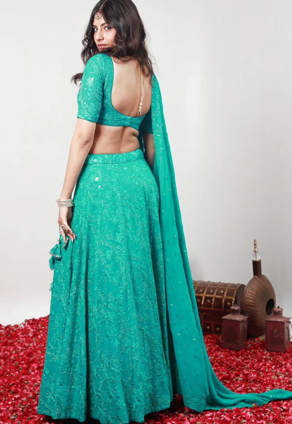 Embroidered Georgette Lehenga in Turquoise