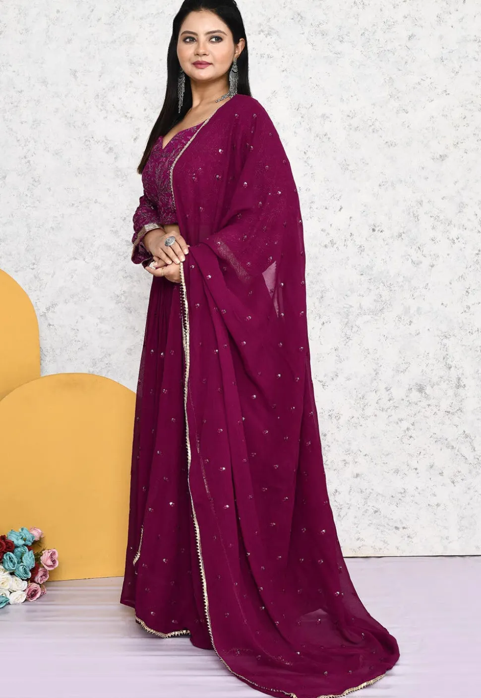 Embroidered Georgette Lehenga in Magenta