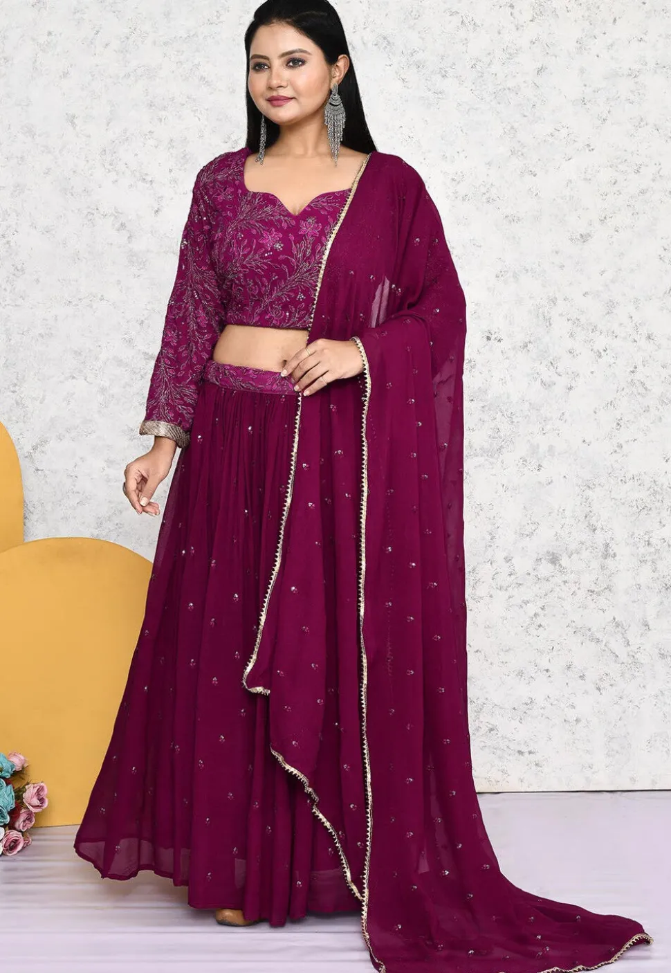 Embroidered Georgette Lehenga in Magenta