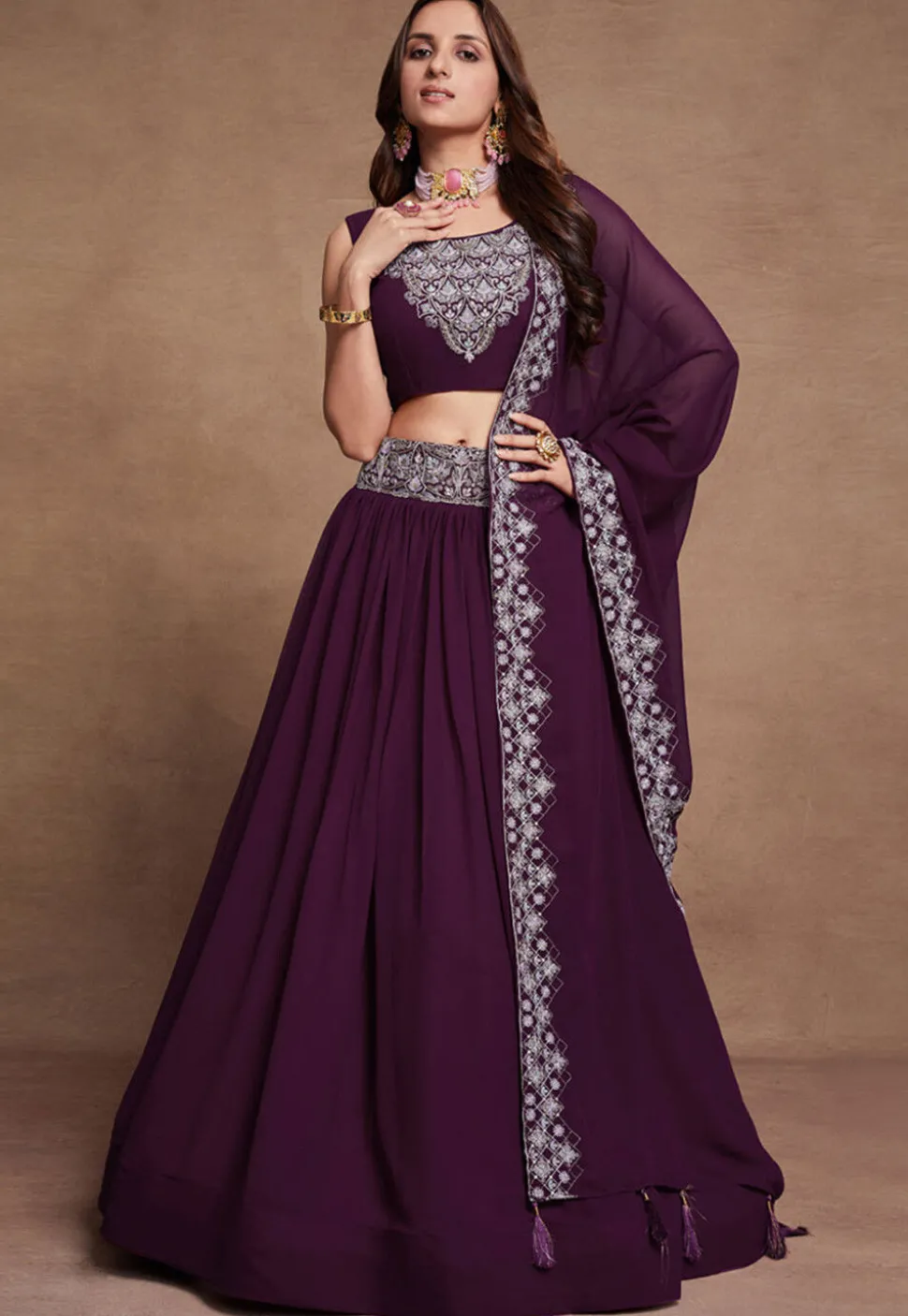 Embroidered Georgette Lehenga in Wine
