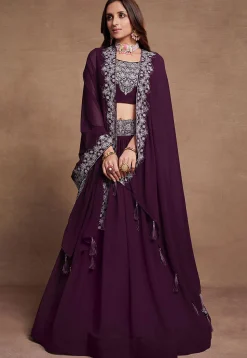 Embroidered Georgette Lehenga in Wine