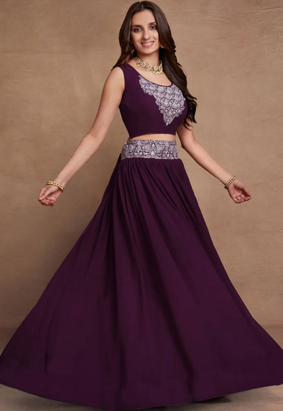 Embroidered Georgette Lehenga in Wine