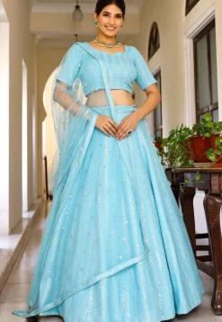 Embroidered Georgette Lehenga in Sky Blue