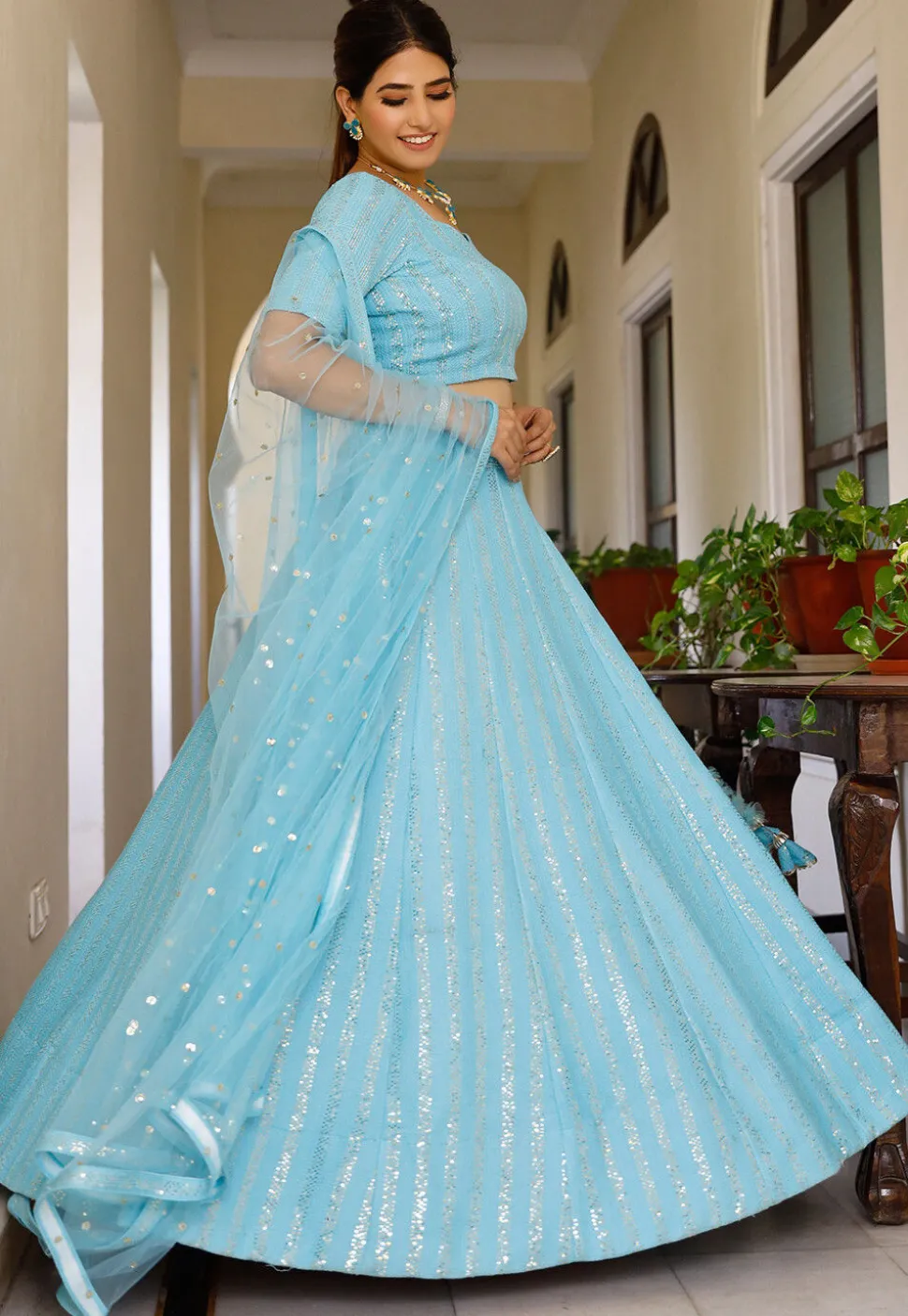 Embroidered Georgette Lehenga in Sky Blue