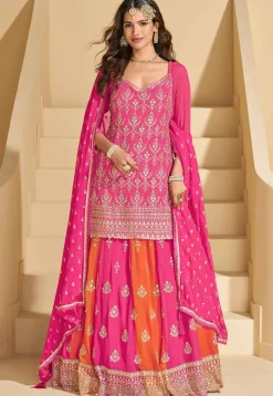 Embroidered Georgette Lehenga in Pink and Orange