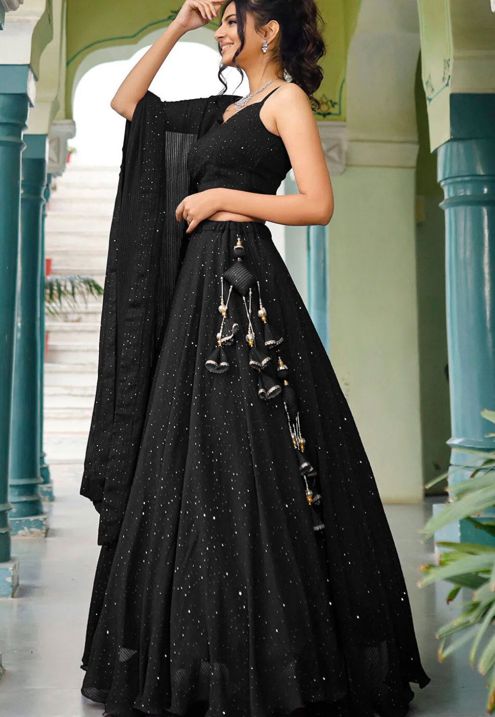 Embroidered Georgette Lehenga in Black