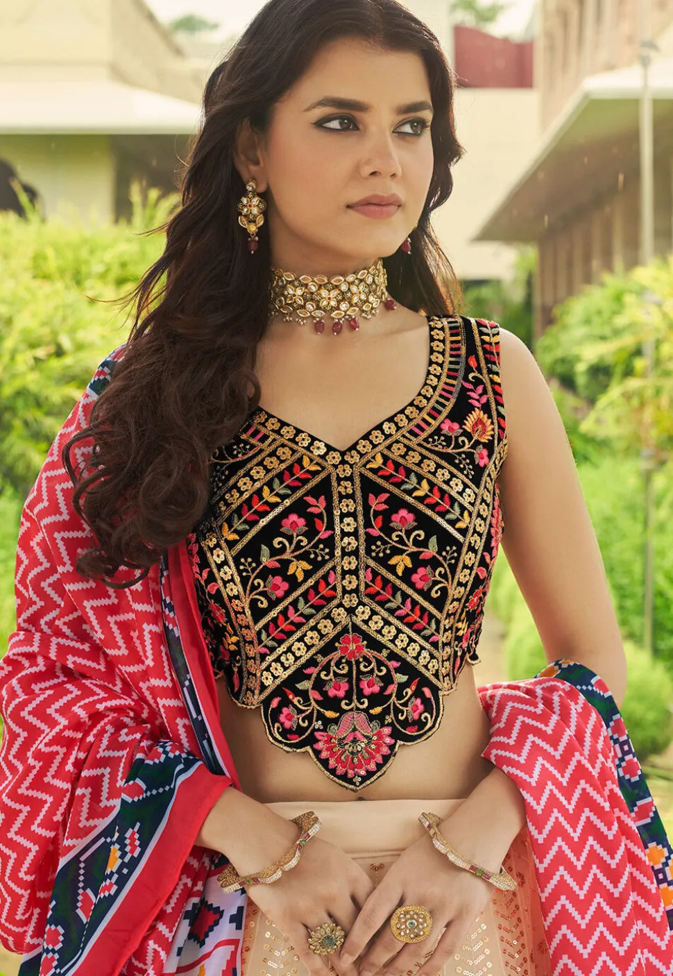 Embroidered Georgette Lehenga in Beige
