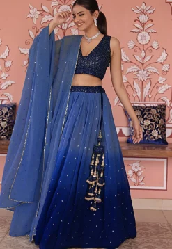 Embroidered Georgette Lehenga in Shaded Blue