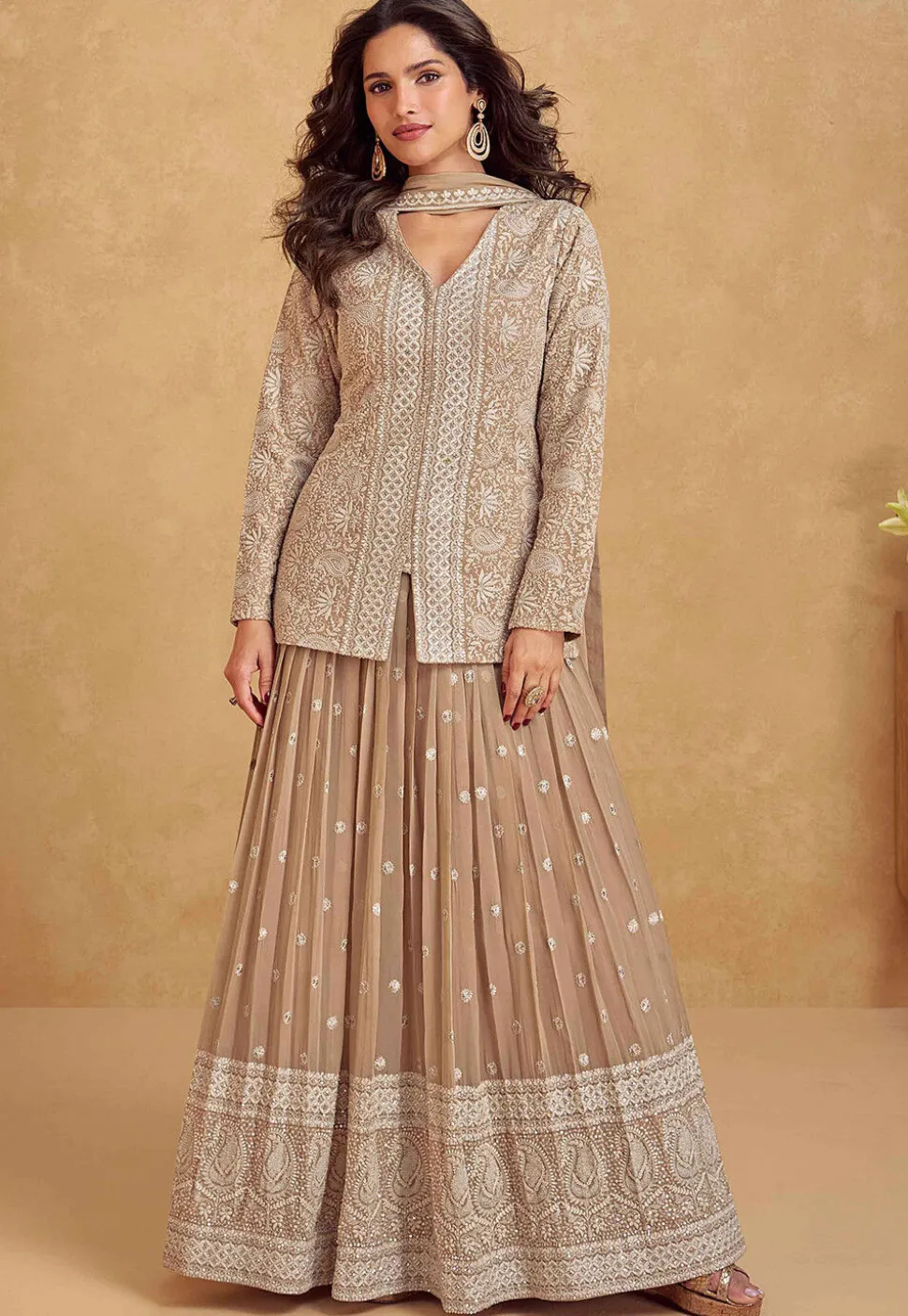 Embroidered Georgette Lehenga in Light Brown