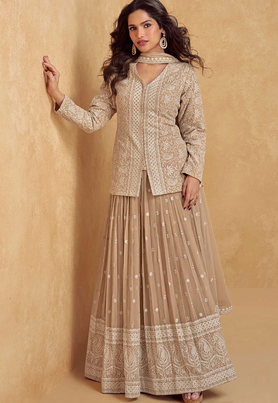 Embroidered Georgette Lehenga in Light Brown