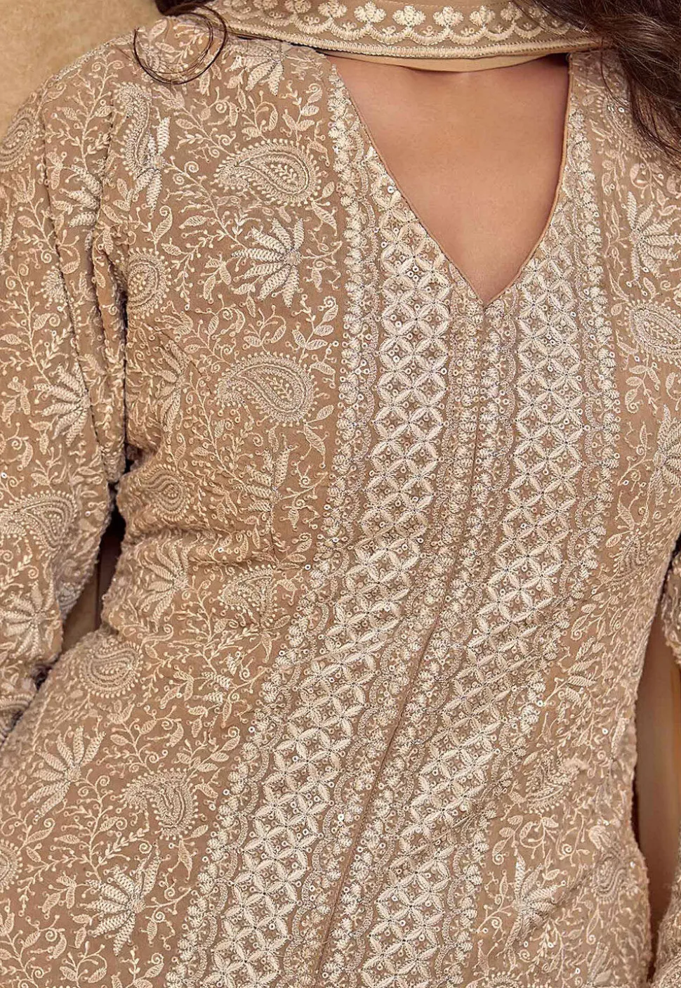 Embroidered Georgette Lehenga in Light Brown