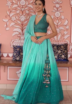 Embroidered Georgette Lehenga in Shaded Sea Green
