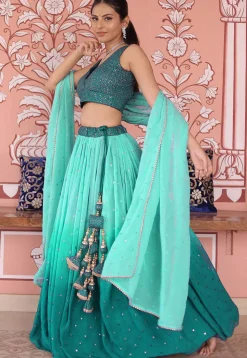 Embroidered Georgette Lehenga in Shaded Sea Green