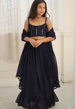 Embroidered Georgette Lehenga in Navy Blue