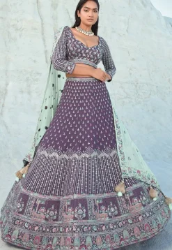 Embroidered Georgette Lehenga in Purple