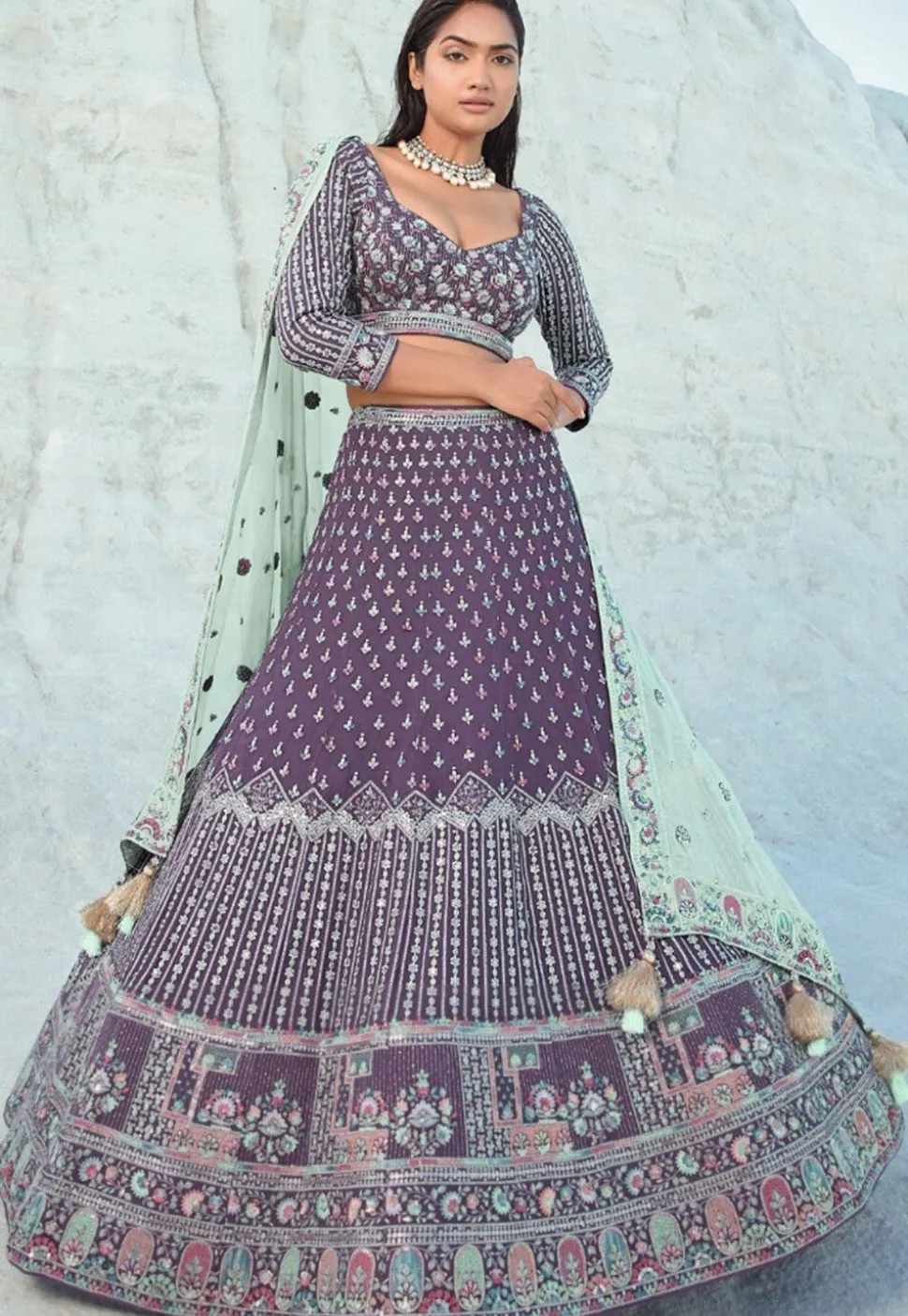 Embroidered Georgette Lehenga in Purple