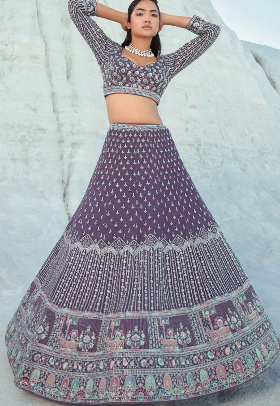 Embroidered Georgette Lehenga in Purple