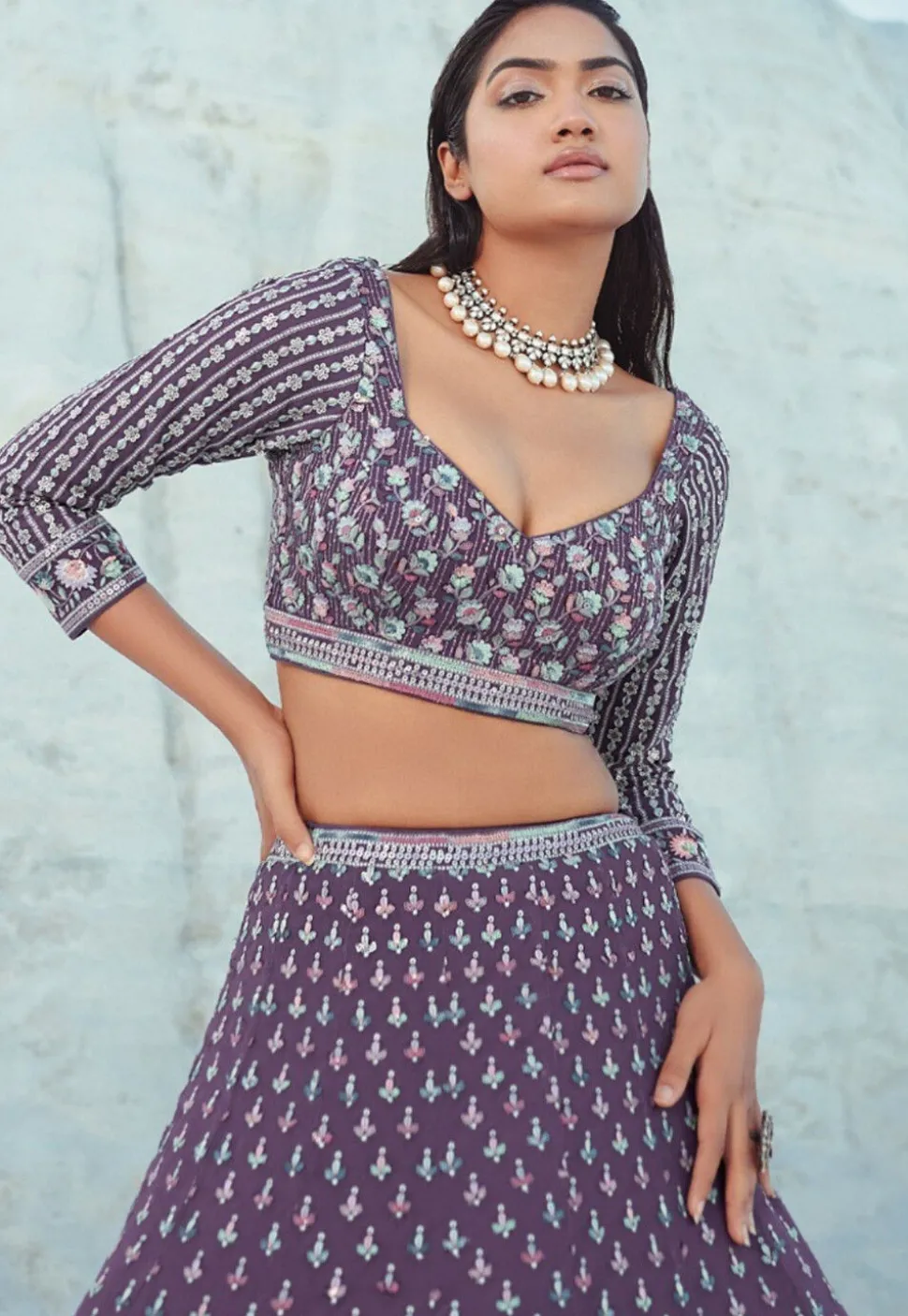 Embroidered Georgette Lehenga in Purple
