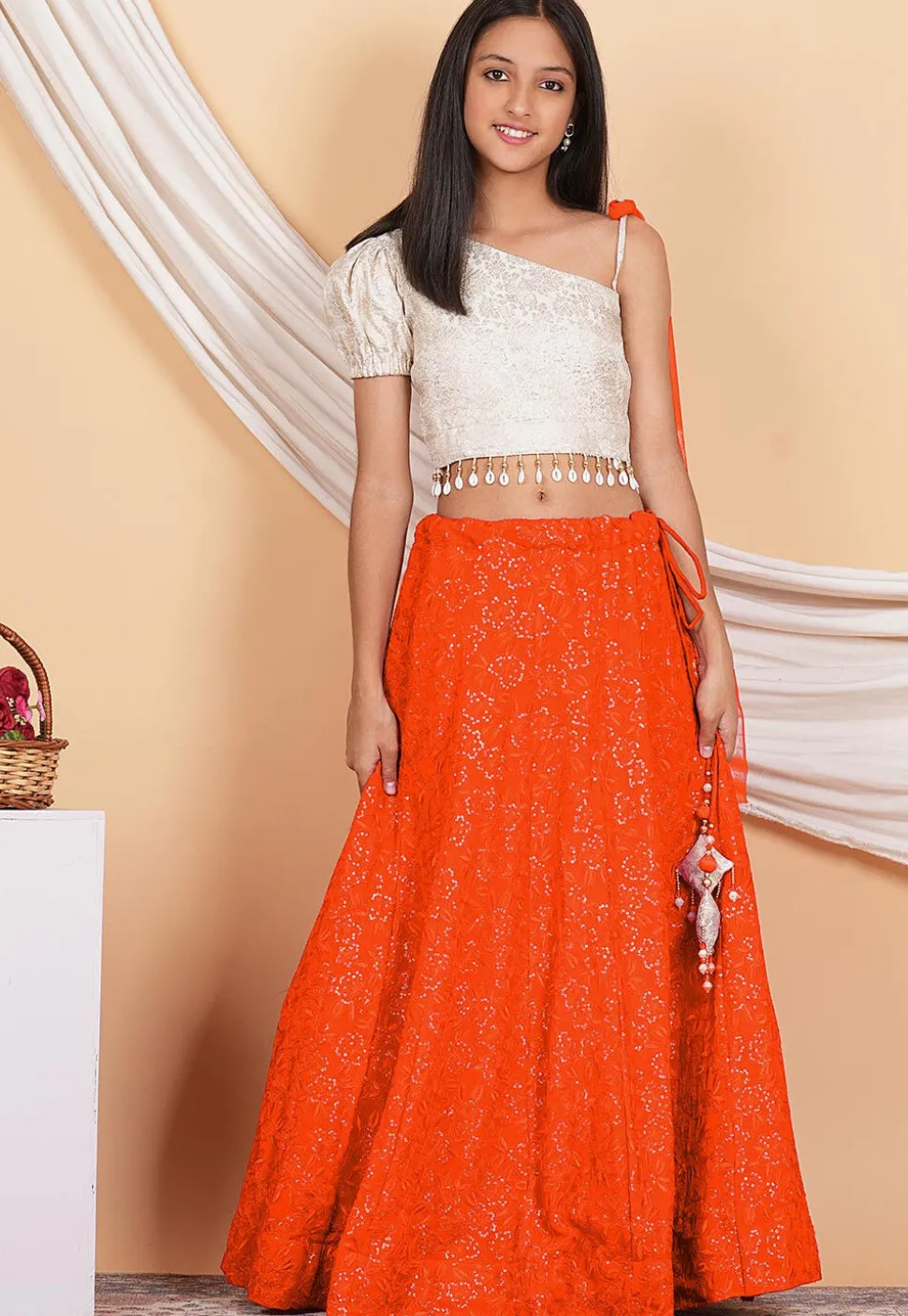 Embroidered Georgette Lehenga in Orange