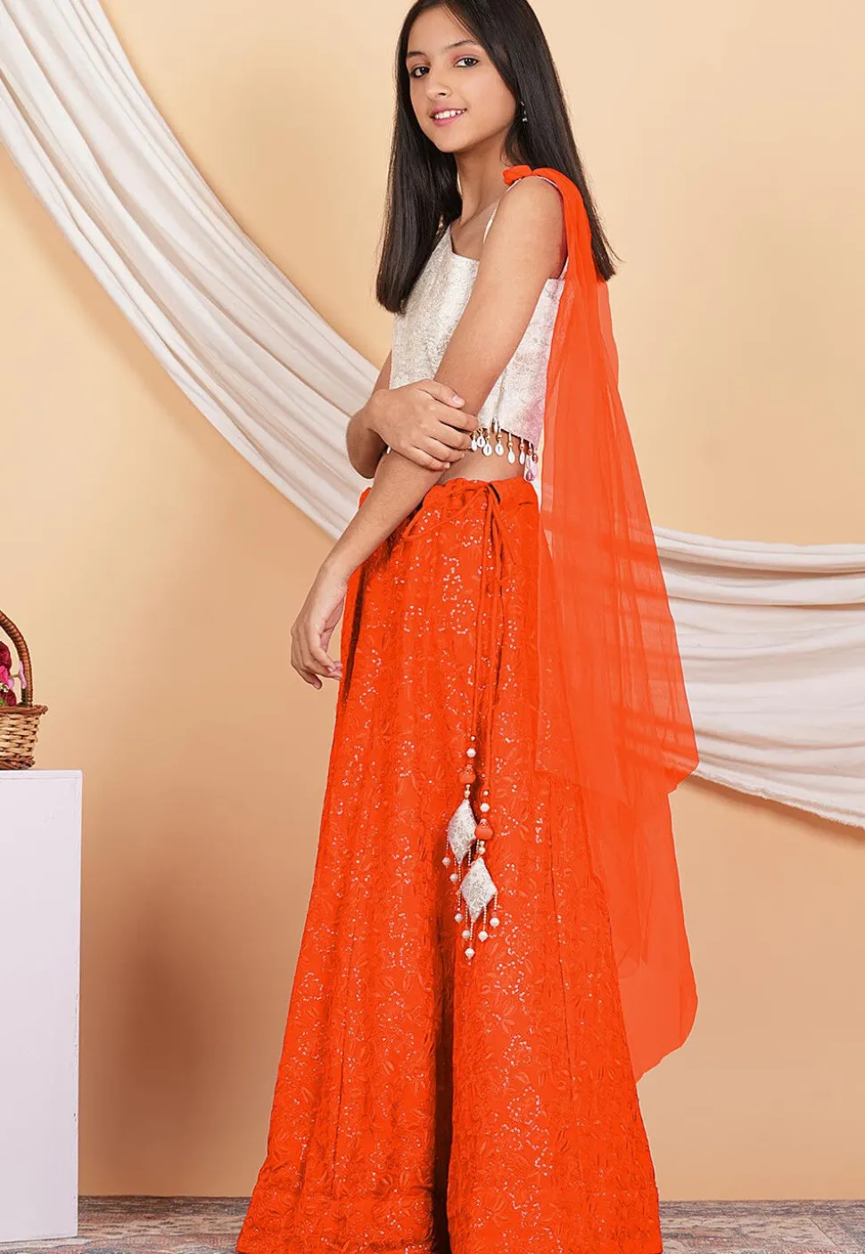 Embroidered Georgette Lehenga in Orange