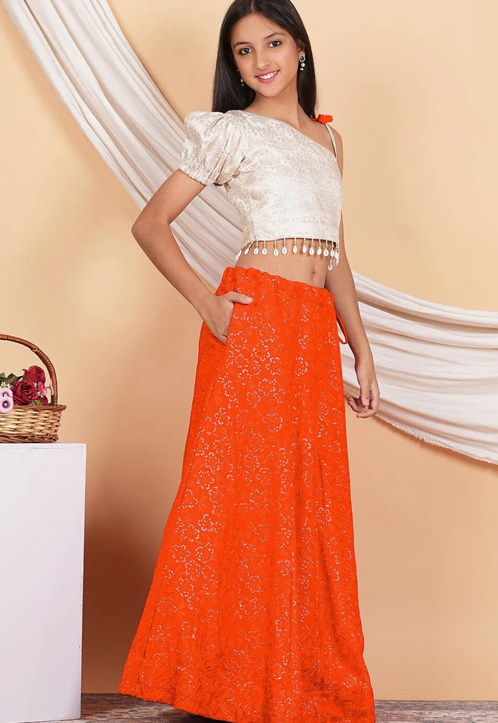 Embroidered Georgette Lehenga in Orange