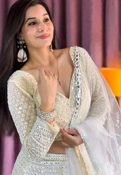Embroidered Georgette Lehenga in Off White
