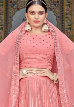 Embroidered Georgette Lehenga in Pink