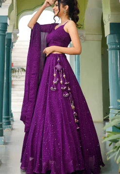 Embroidered Georgette Lehenga in Purple