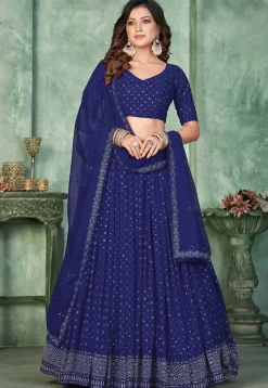 Embroidered Georgette Lehenga in Navy Blue