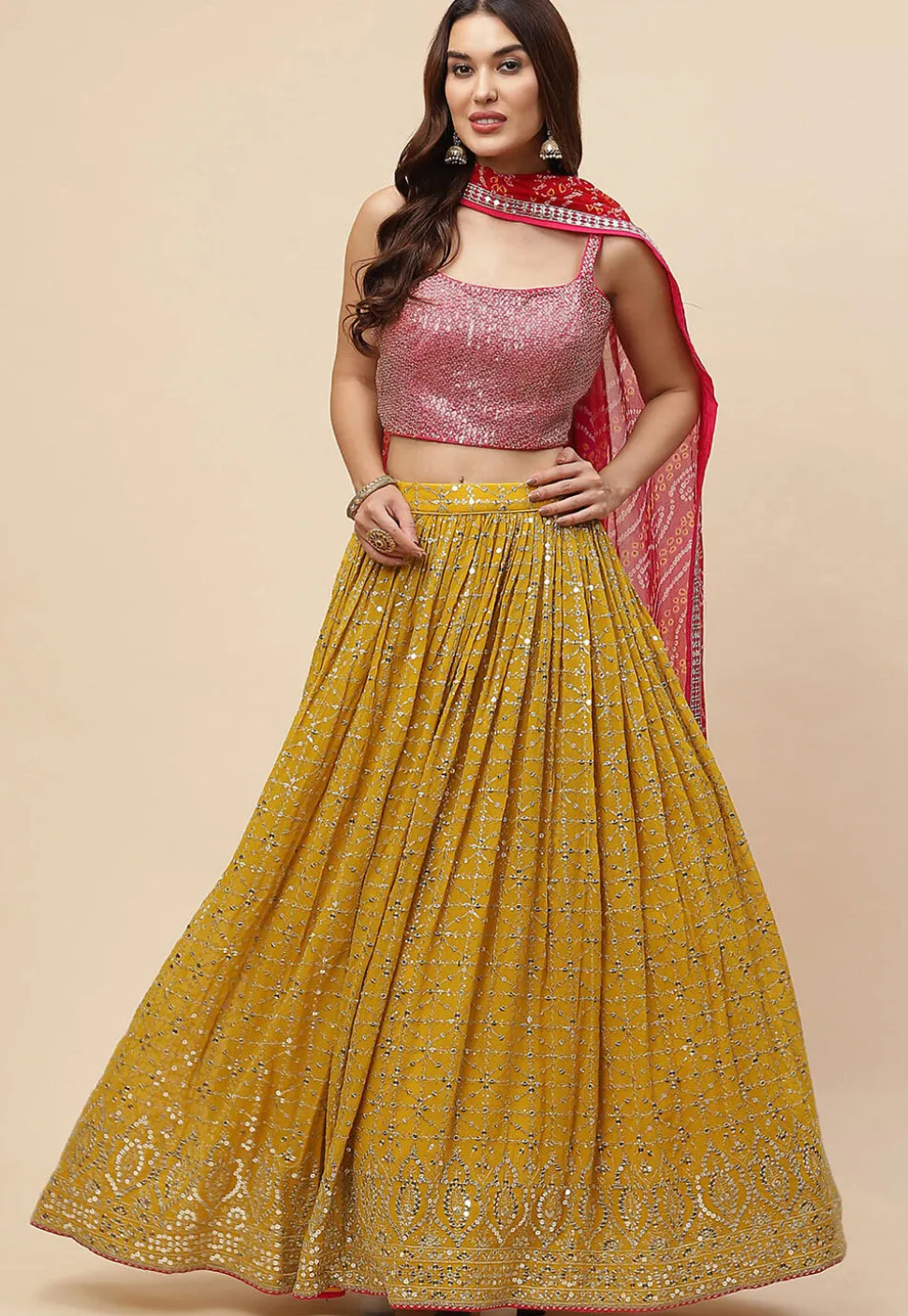 Embroidered Georgette Lehenga in Yellow