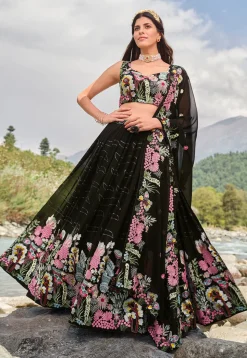 Embroidered Georgette Lehenga in Black