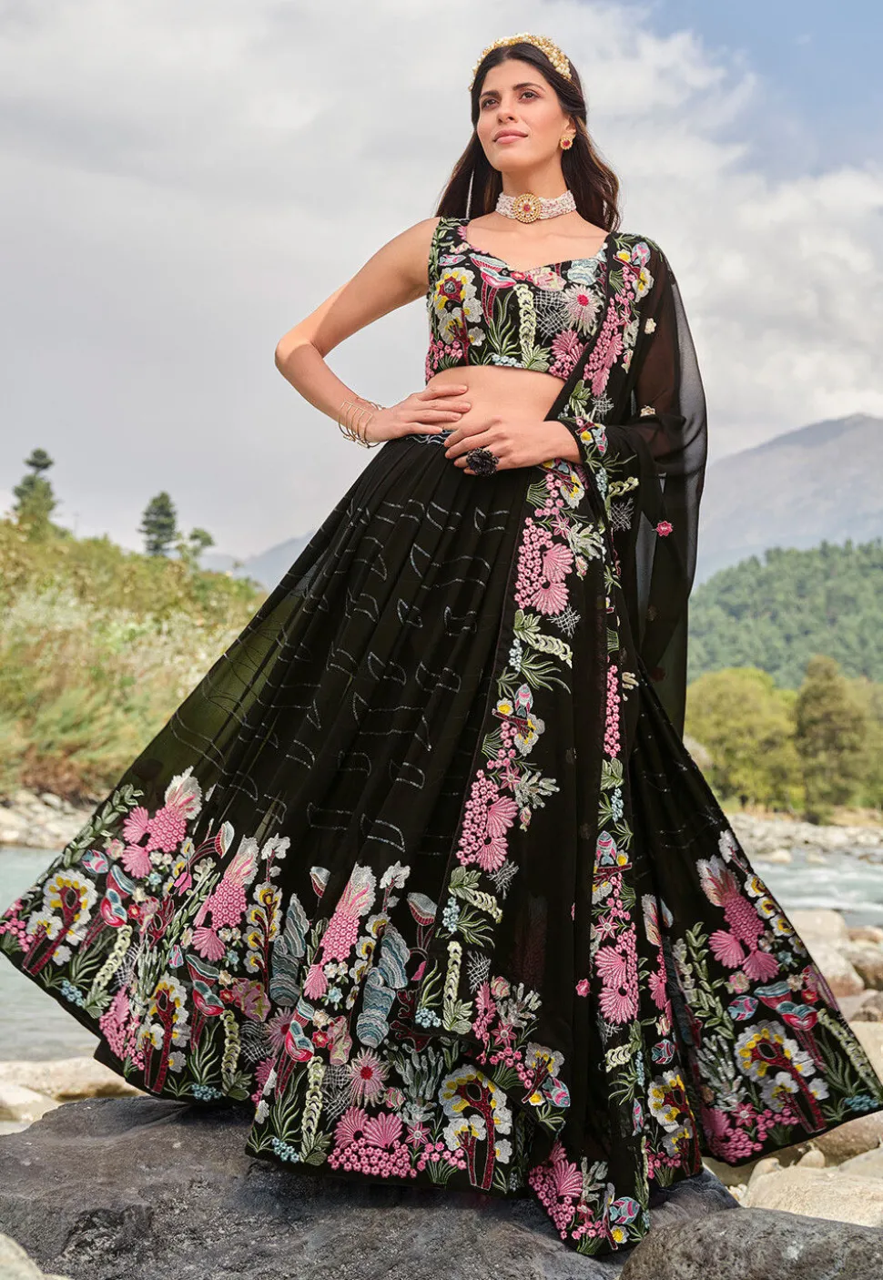 Embroidered Georgette Lehenga in Black