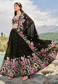 Embroidered Georgette Lehenga in Black